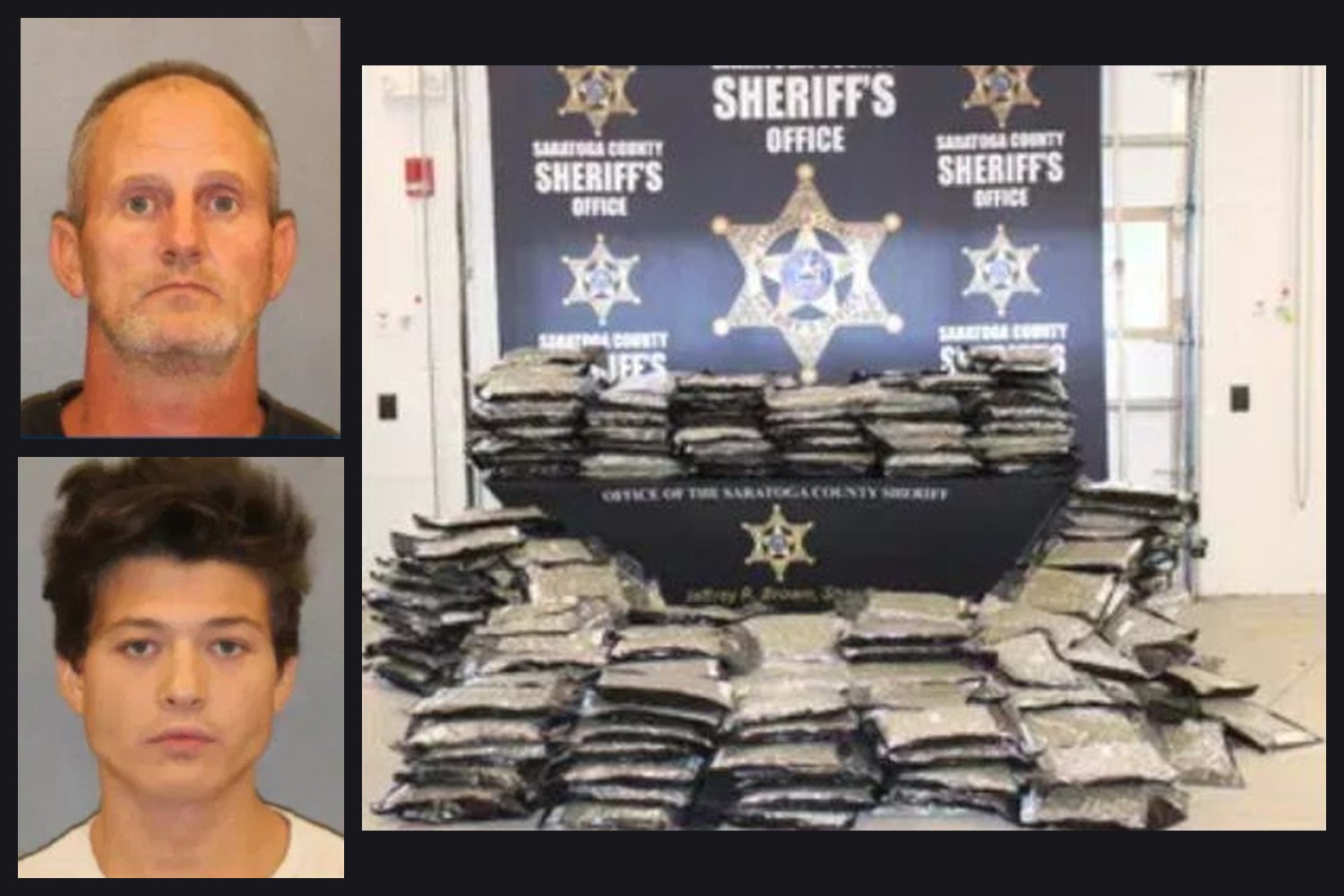 Booking photos of the two men charged, beside vacuum-sealed bags of cannabis stacked in front of a Saratoga County Sheriff's Office backdrop