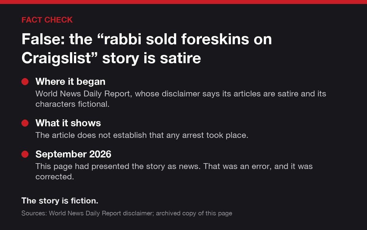 Fact check case card: False: the “rabbi sold foreskins on Craigslist” story is satire. Where it began: World News Daily Report, whose disclaimer says its articles are satire and its characters…