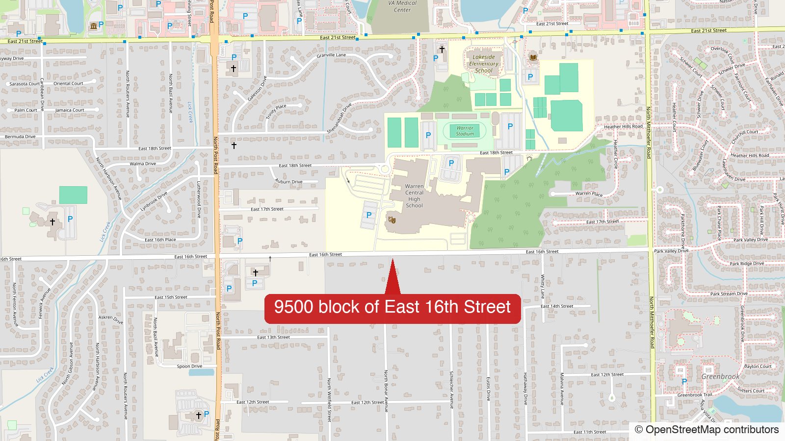 Map of the 9500 block of East 16th Street in Indianapolis, near Warren Central High School