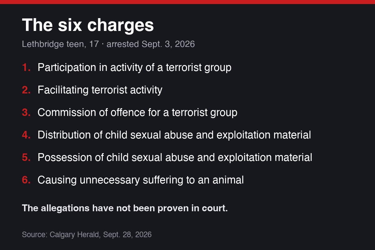 The six charges against the Lethbridge teen, listed by the Calgary Herald; the allegations have not been proven in court