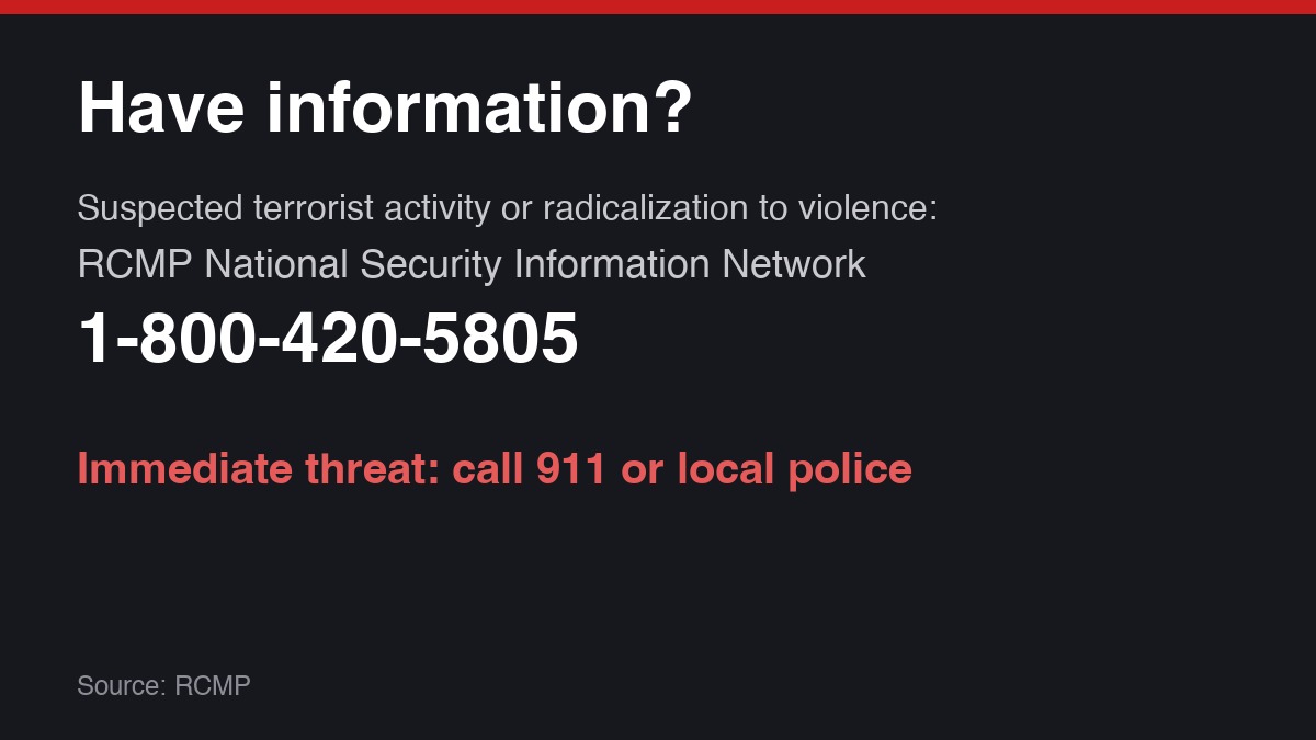 RCMP National Security Information Network: 1-800-420-5805; for an immediate threat, call 911