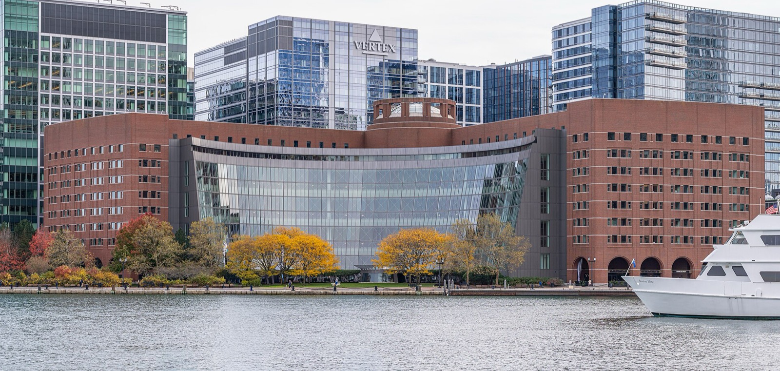 The curved brick and glass John Joseph Moakley United States Courthouse on the Boston waterfront