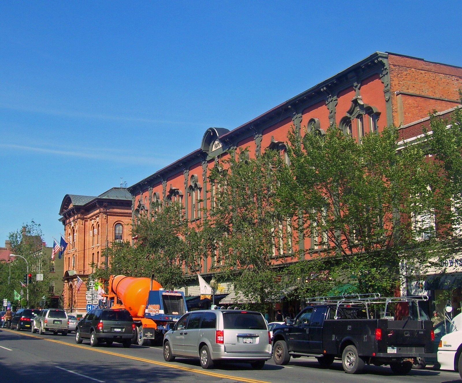 Brick storefronts along Broadway in downtown Saratoga Springs, New York